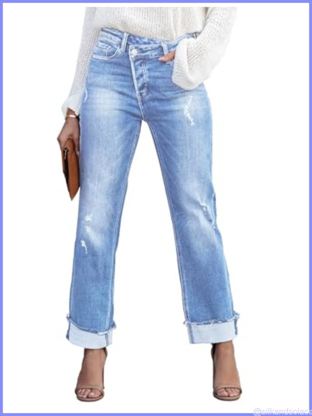 Womens High Waisted Boyfriend Distressed Cuffed Stretch Jeans
